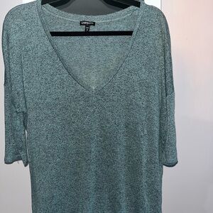 Express Teal/ Sage Green 3/4 Sleeve Hi-Lo V-Neck Top